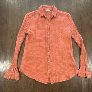beachlunchlounge Airy Gauzy Textured Button-Down Shirt - Rust